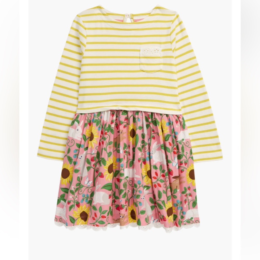 MINI BODEN Girls Dress 11-12Y Yellow Stripe Pink Floral Bunny Hotchpotch Spring